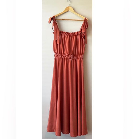 Handmade Rust Clay Midi Tie Strap Ruffle Dress - Picture 3 of 15